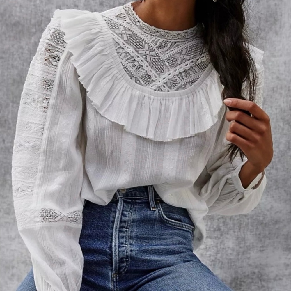 Anthropologie Othilia Charla white lace ruffle blouse size extra small
